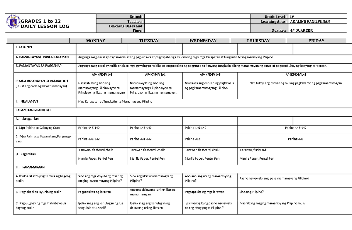 DLL Araling Panlipunan 4 Q4 W2 - GRADES 1 to 12 DAILY LESSON LOG School ...