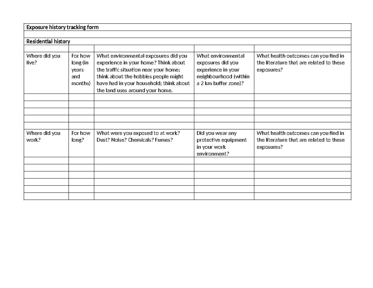 Exposure history tracking form - Exposure history tracking form ...