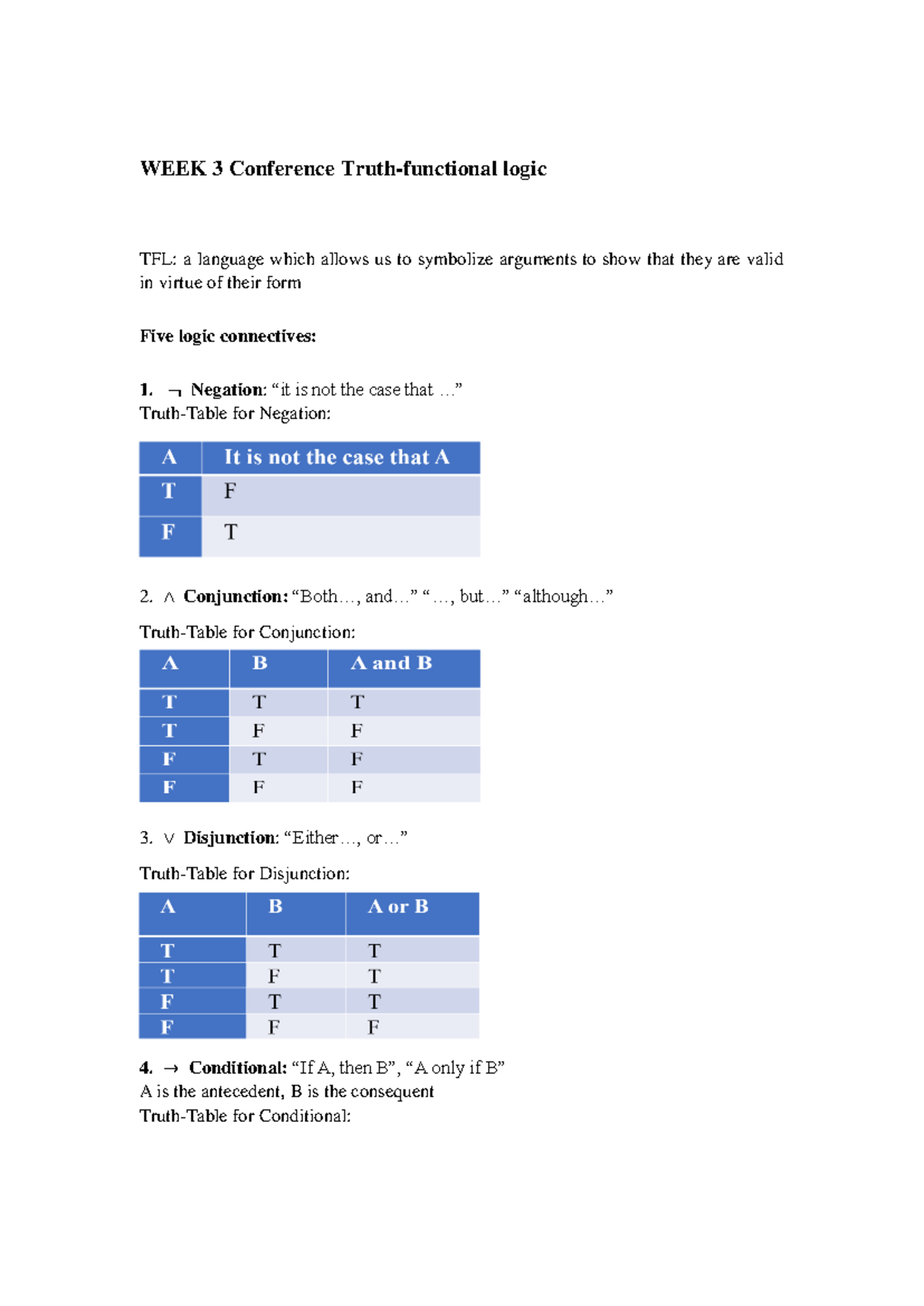 WEEK 3 Conference TFL - WEEK 3 Conference Truth-functional logic TFL: a ...