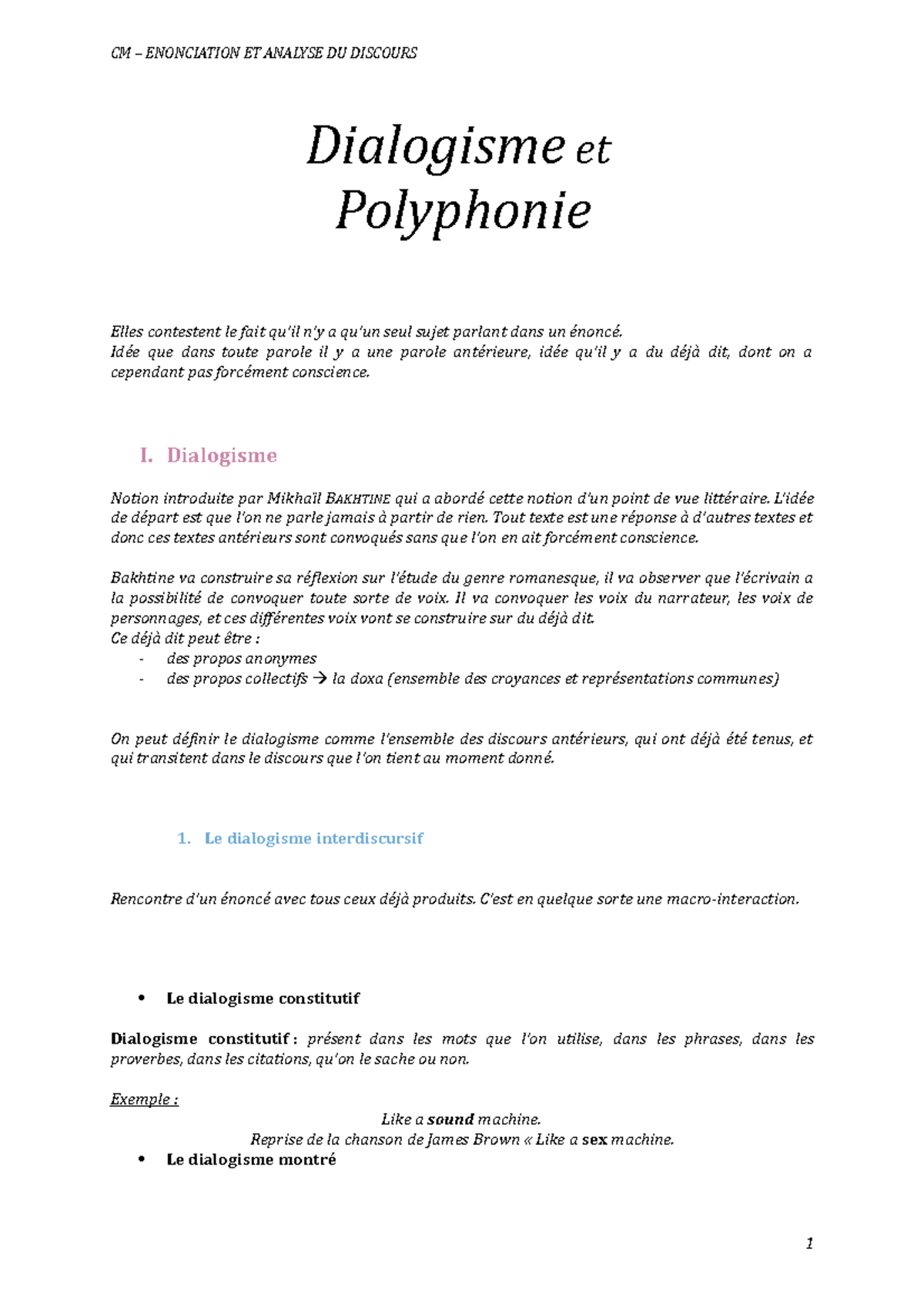 4 Dialogisme et polyphonie  CM ENONCIATION ET ANALYSE DU DISCOURS