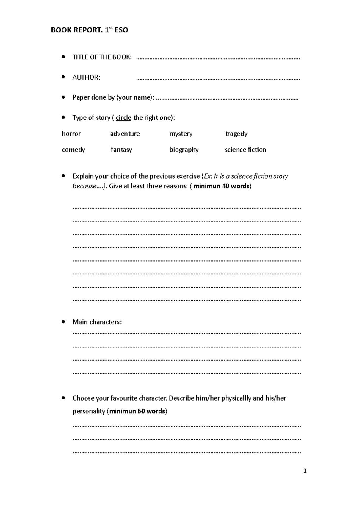 Exam January 2018, questions and answers - BOOK REPORT. 1st ESO TITLE ...