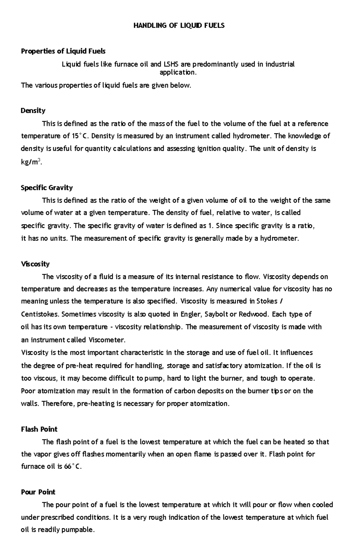 Handling of gaseous fuels and liquid fuels HANDLING OF LIQUID FUELS
