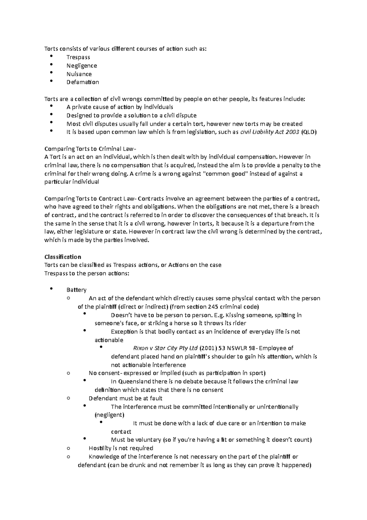 Trespass to Person - Lecture notes 1 - Torts consists of various ...