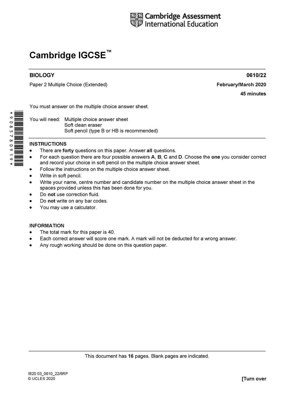 Grade Thresholds - March 2020: Cambridge IGCSE Biology (0610)