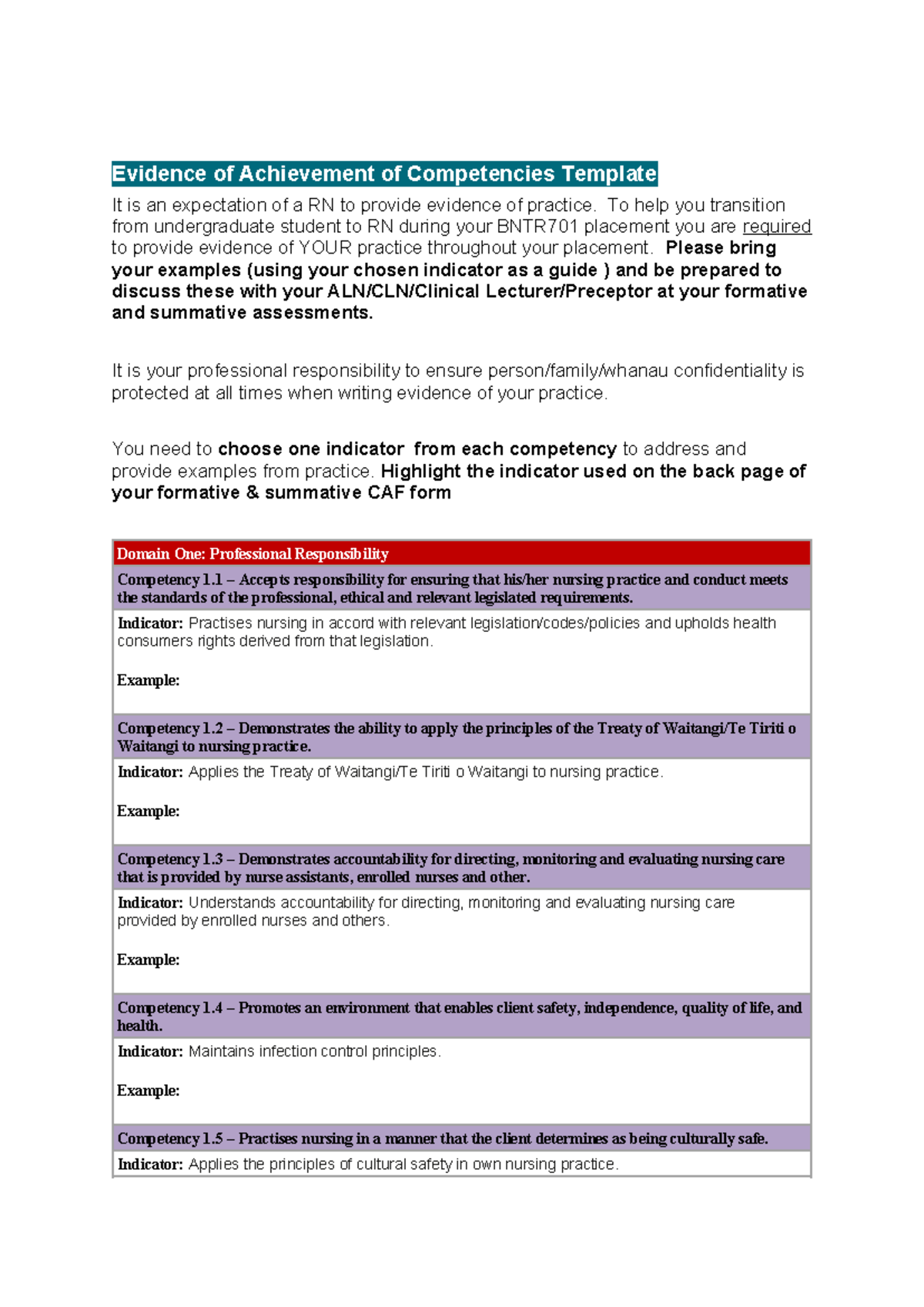 Draft competencies formative - Evidence of Achievement of Competencies ...