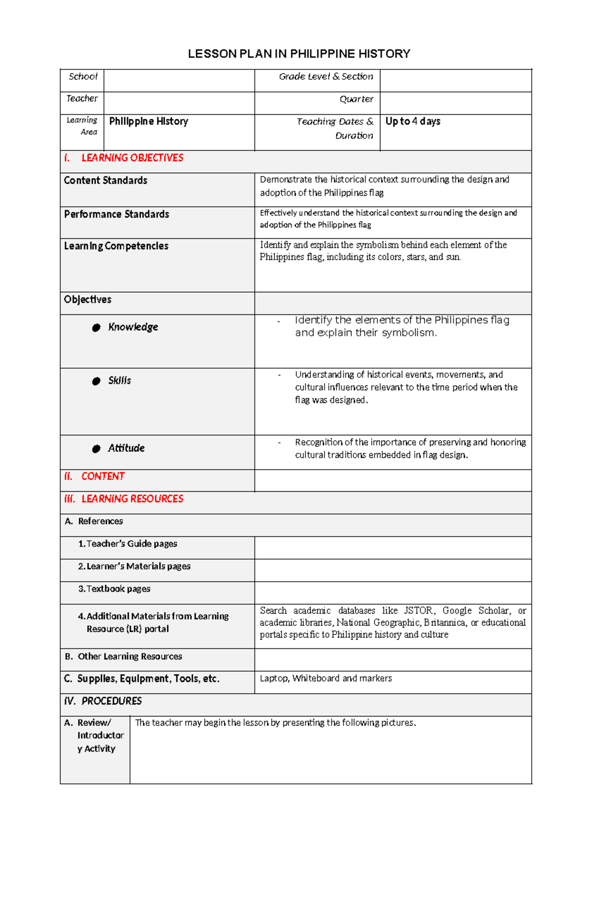 Lesson Plan-History - LESSON PLAN IN PHILIPPINE HISTORY School Grade ...