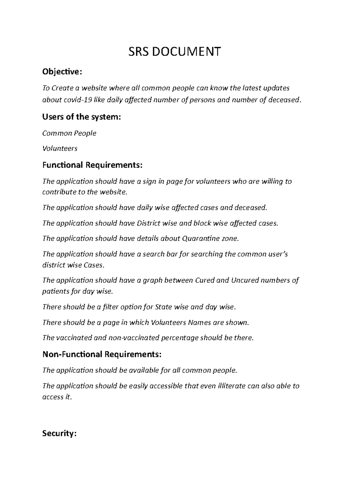SRS Document PRO - hs9ogbuiudvb - SRS DOCUMENT Objective: To Create a ...