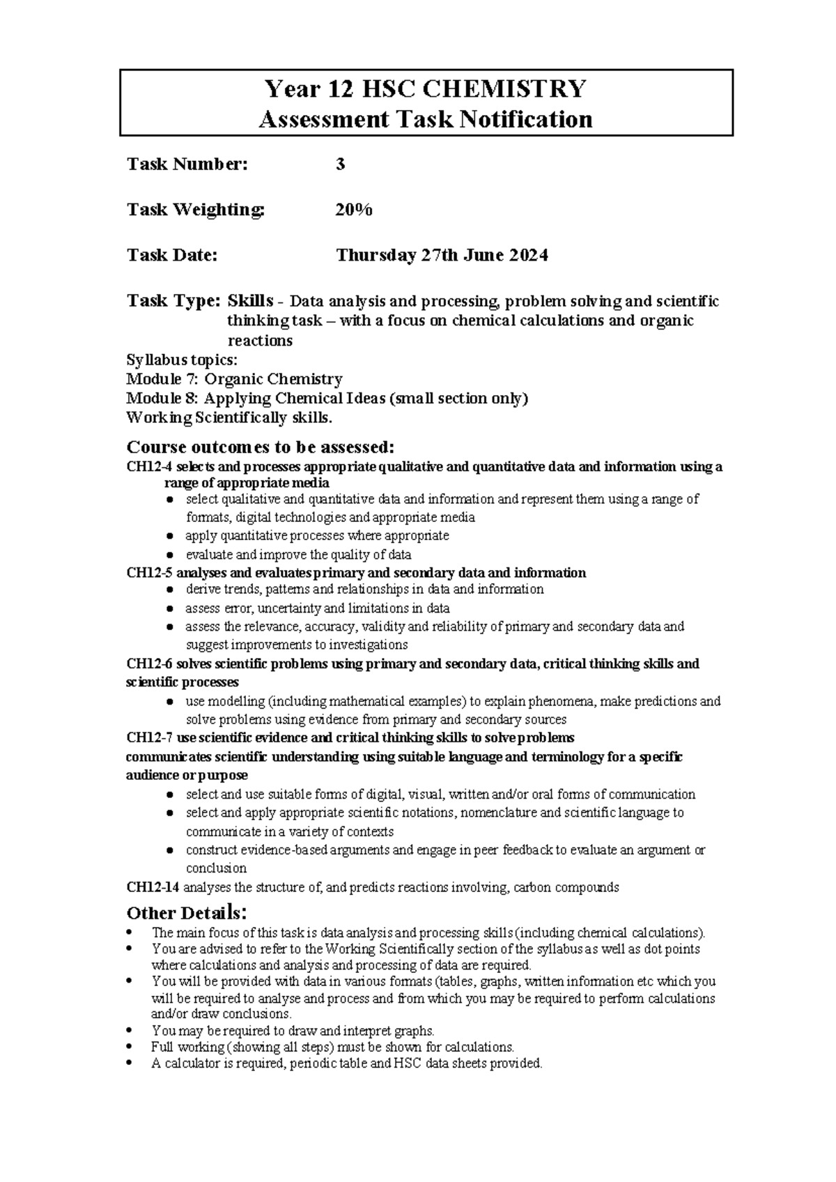 Year 12 HSC Chemistry Assessment Task Notification - Task 3 (2024 ...