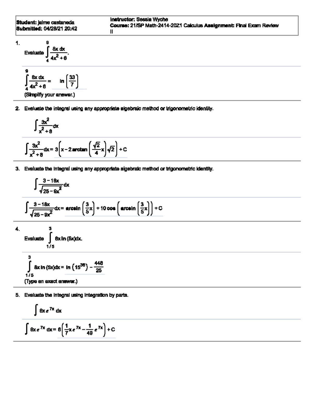 Final 2 - homework - Instructor: Sessia Wyche Course: Calculus ...