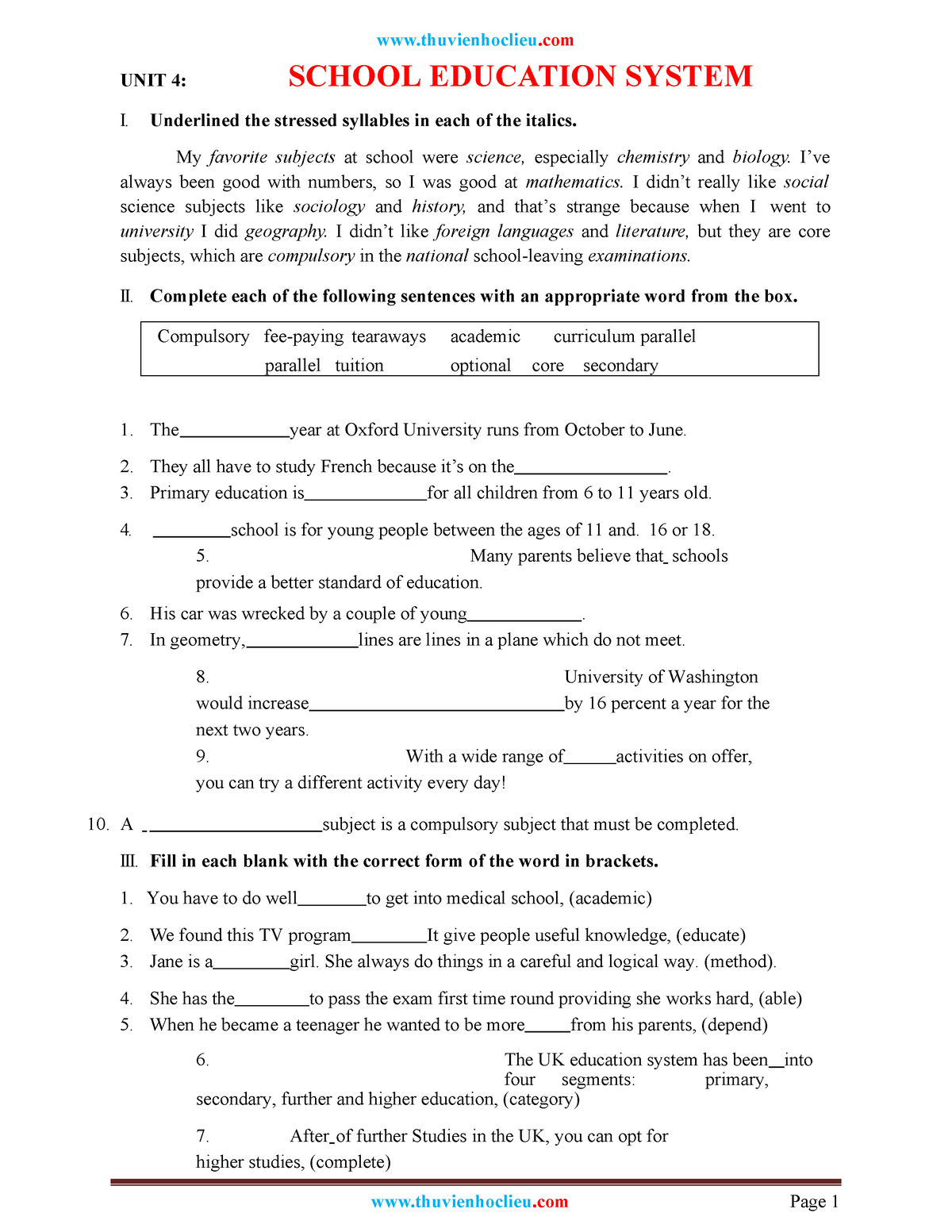 Www - Useful - Unit 4: School Education System I. Underlined The 