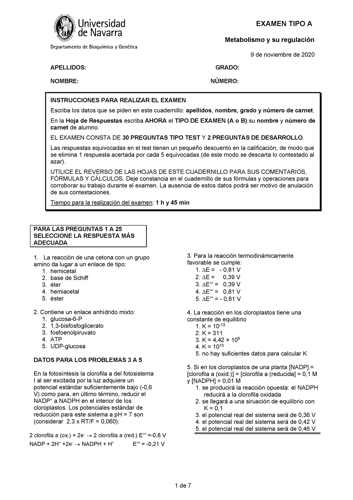 Examen Parcial 9 11 2020 Tipo A - EXAMEN TIPO A A Metabolismo Y Su ...