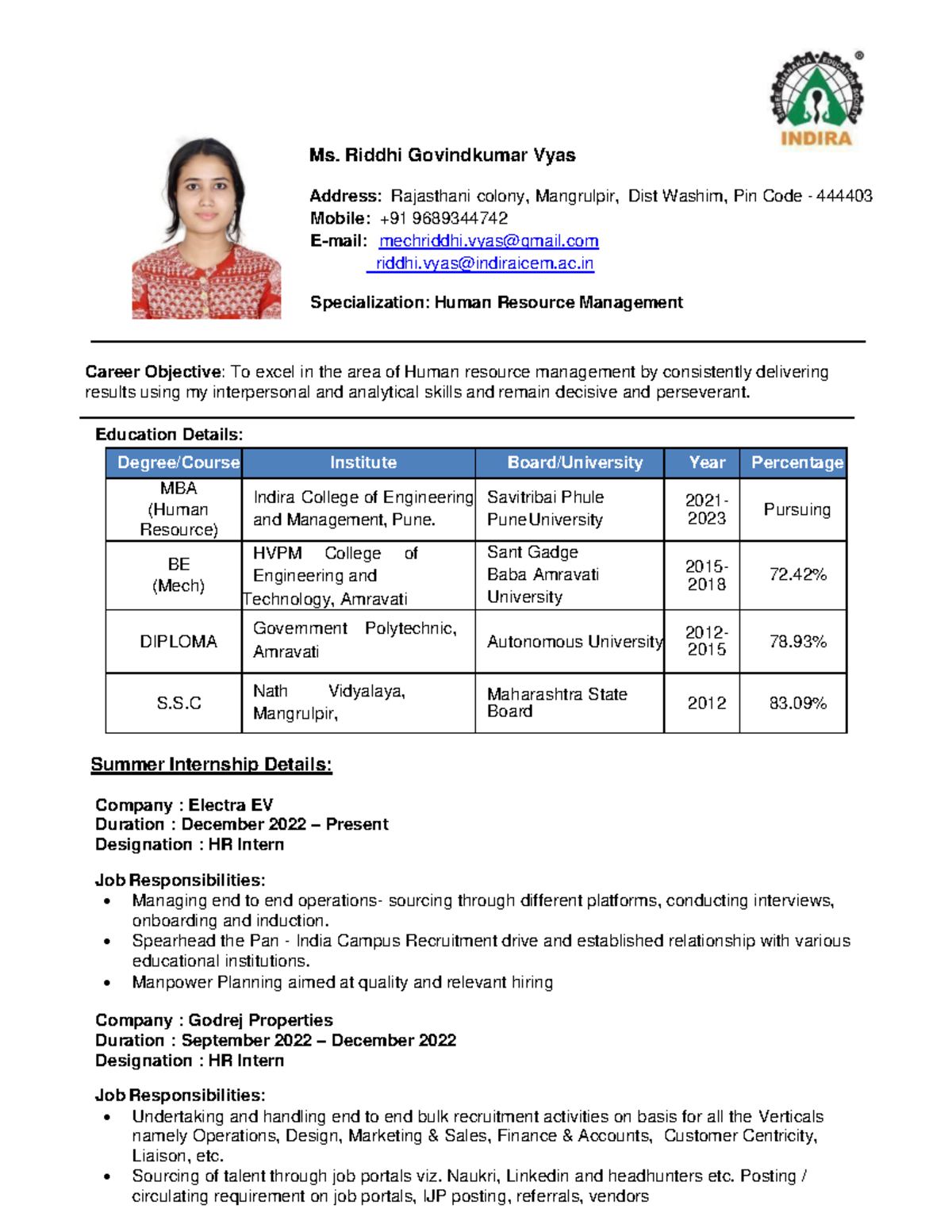 Riddhi Vyas Resume - I am persuing mba from Indira College and for ...