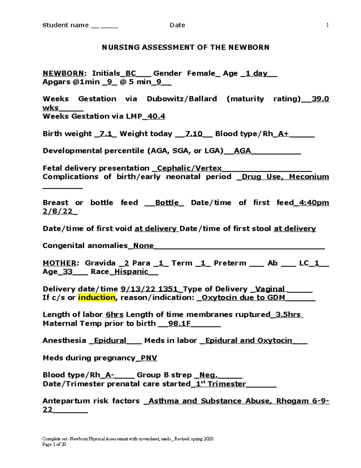 Newborn Assessment - Student name __ ____ Date NURSING ASSESSMENT OF ...