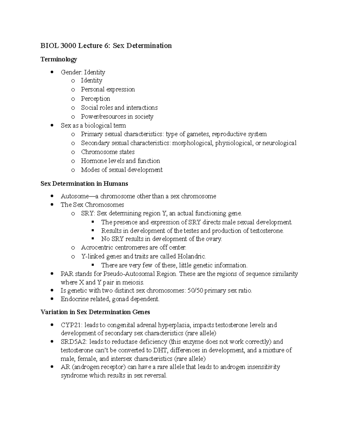 Biol 3000 Lecture 6 Sex Determination Biol 3000 Lecture 6 Sex Determination Terminology