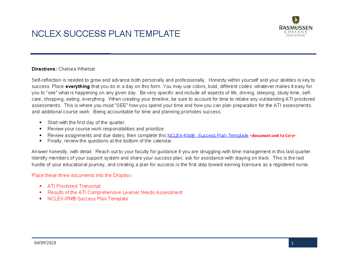 Nclex RN Success PLAN Template Chelsea Whetsel - Directions: Chelsea ...