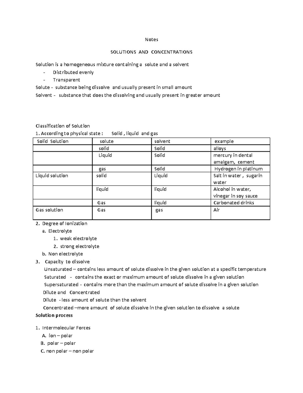 Solutions And Concentrations - Notes Solutions And Concentrations 