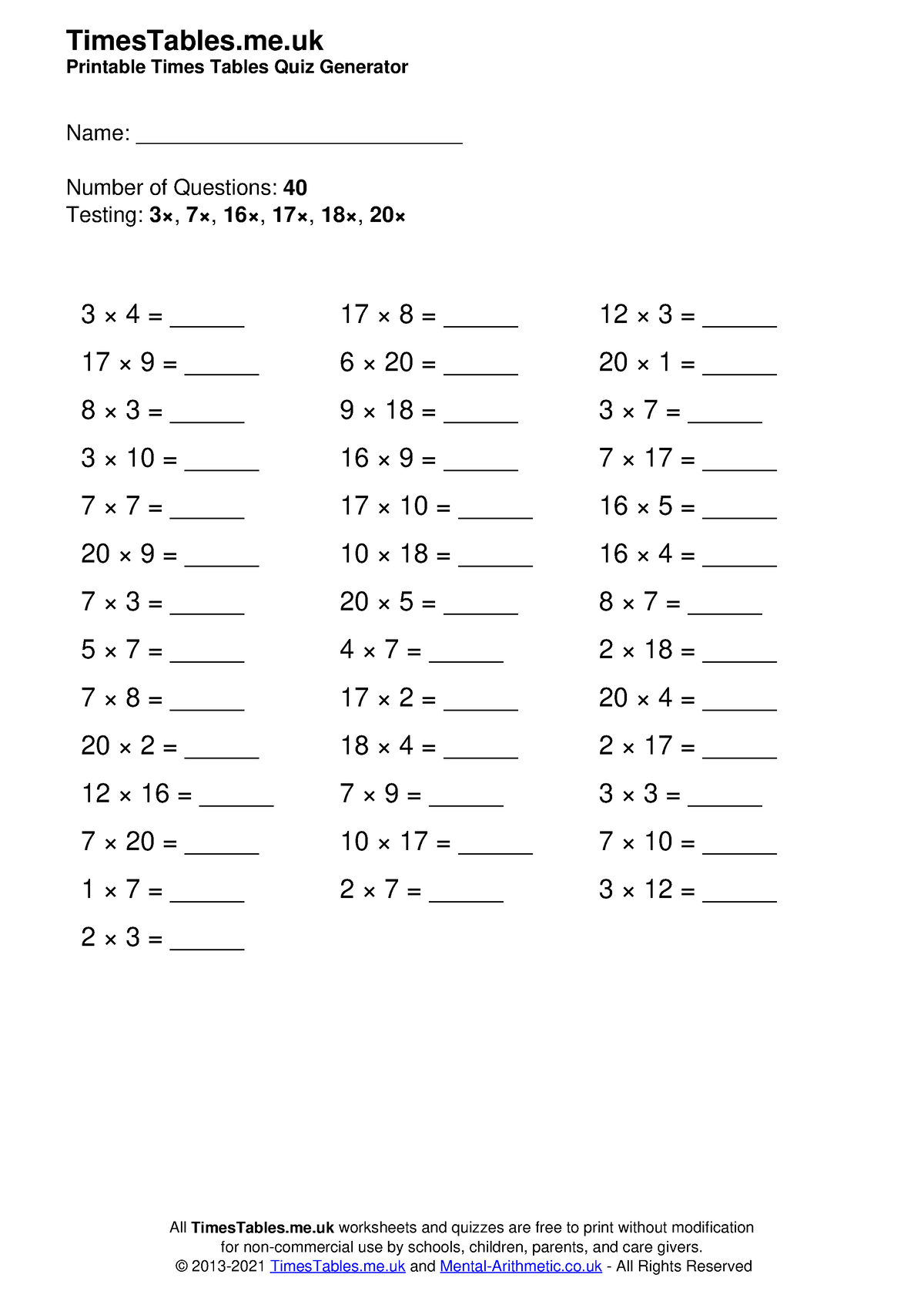 Uk6 - multiply - TimesTables.me Printable Times Tables Quiz Generator ...