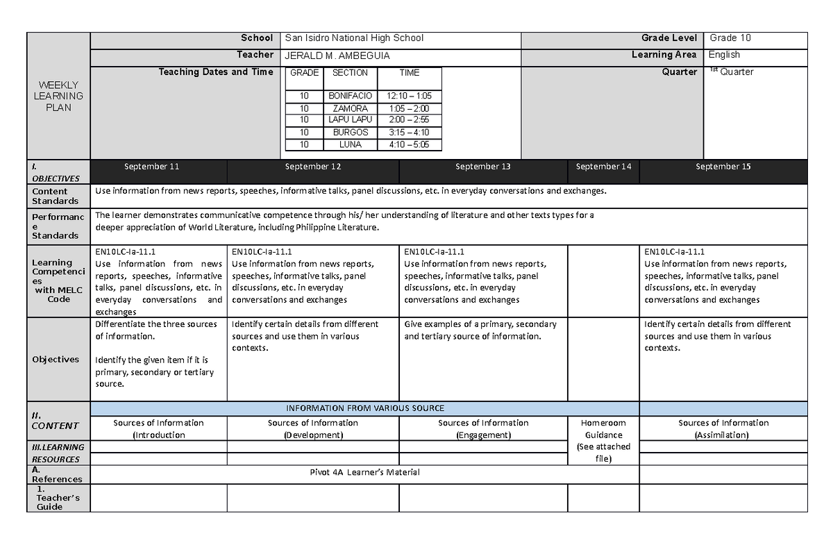 WLP Q1 W1 - Sources of Information - WEEKLY LEARNING PLAN School San ...
