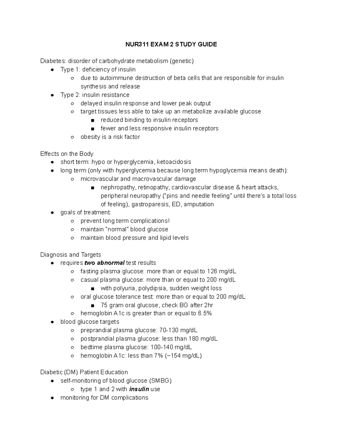 NUR311 Exam 2 Study Guide - NUR311 EXAM 2 STUDY GUIDE Diabetes ...