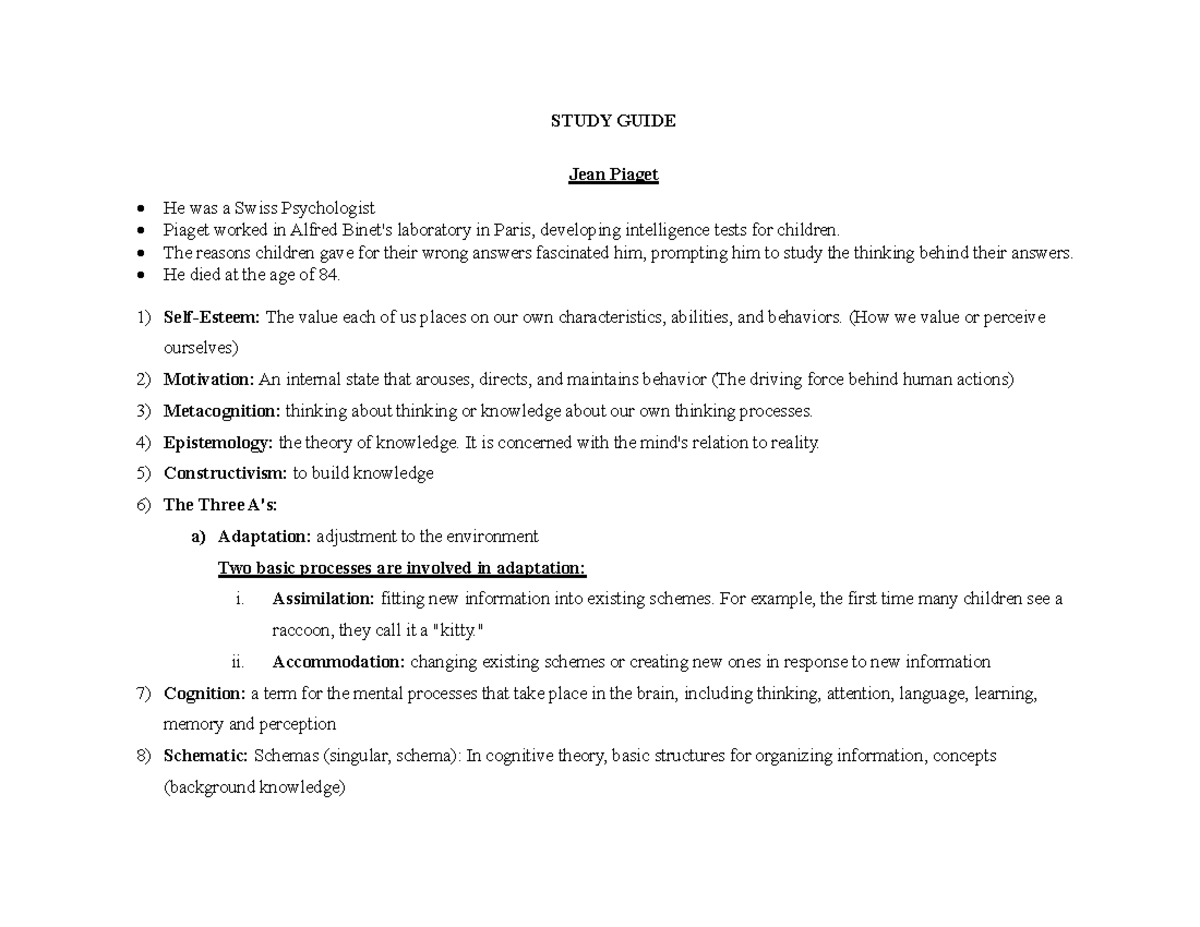 Study Guide EDUC 329 - STUDY GUIDE Jean Piaget He was a Swiss ...