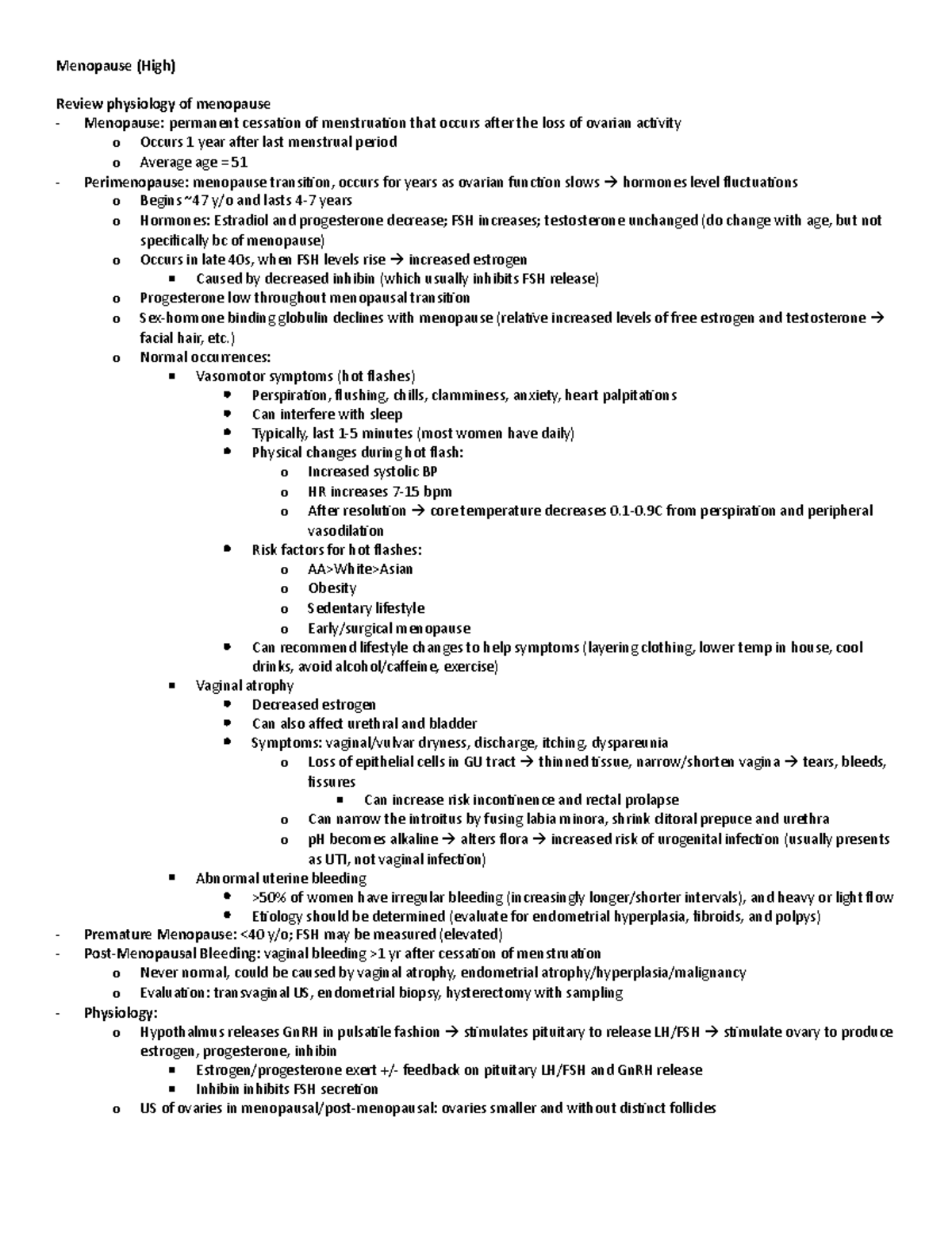 1. Menopause (High) - lecture notes - Menopause (High) Review ...