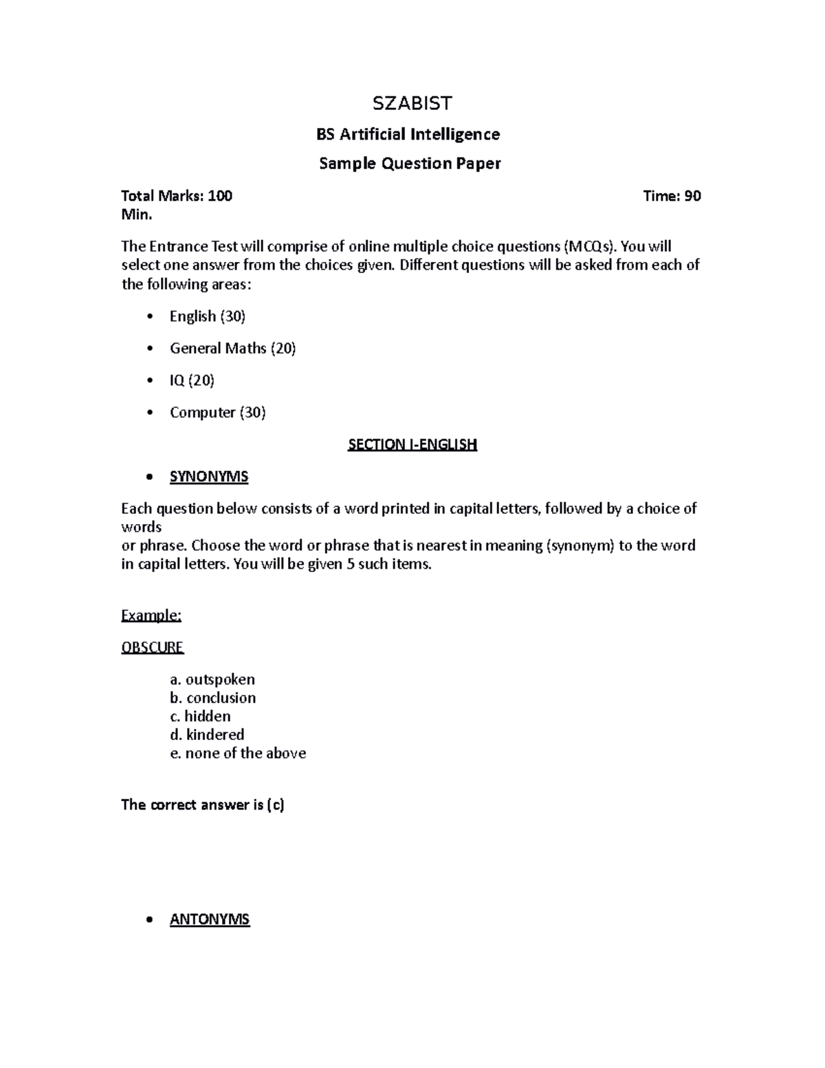 BS Artifical Sample Paper SZABIST BS Artificial Intelligence Sample bs-artifical-sample-paper-szabist-bs-artificial-intelligence-sample