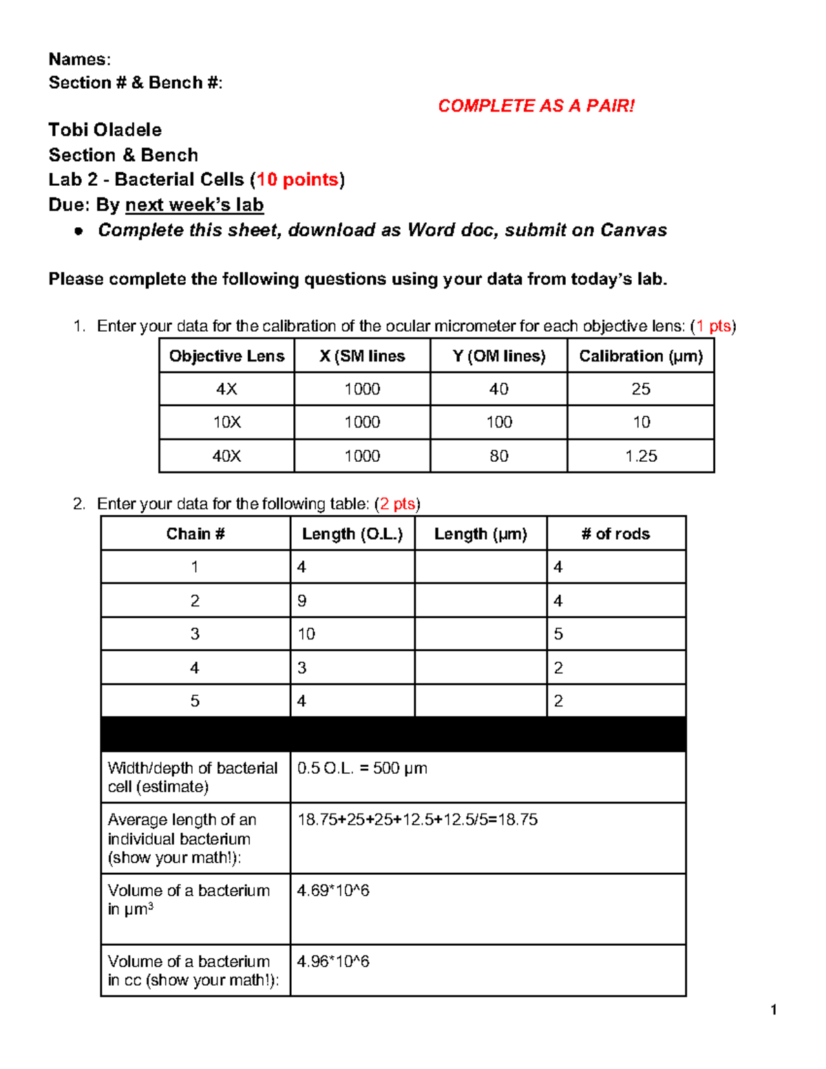 Lab 2 Assignment - Bacterial Cells - Names: Section # & Bench ...