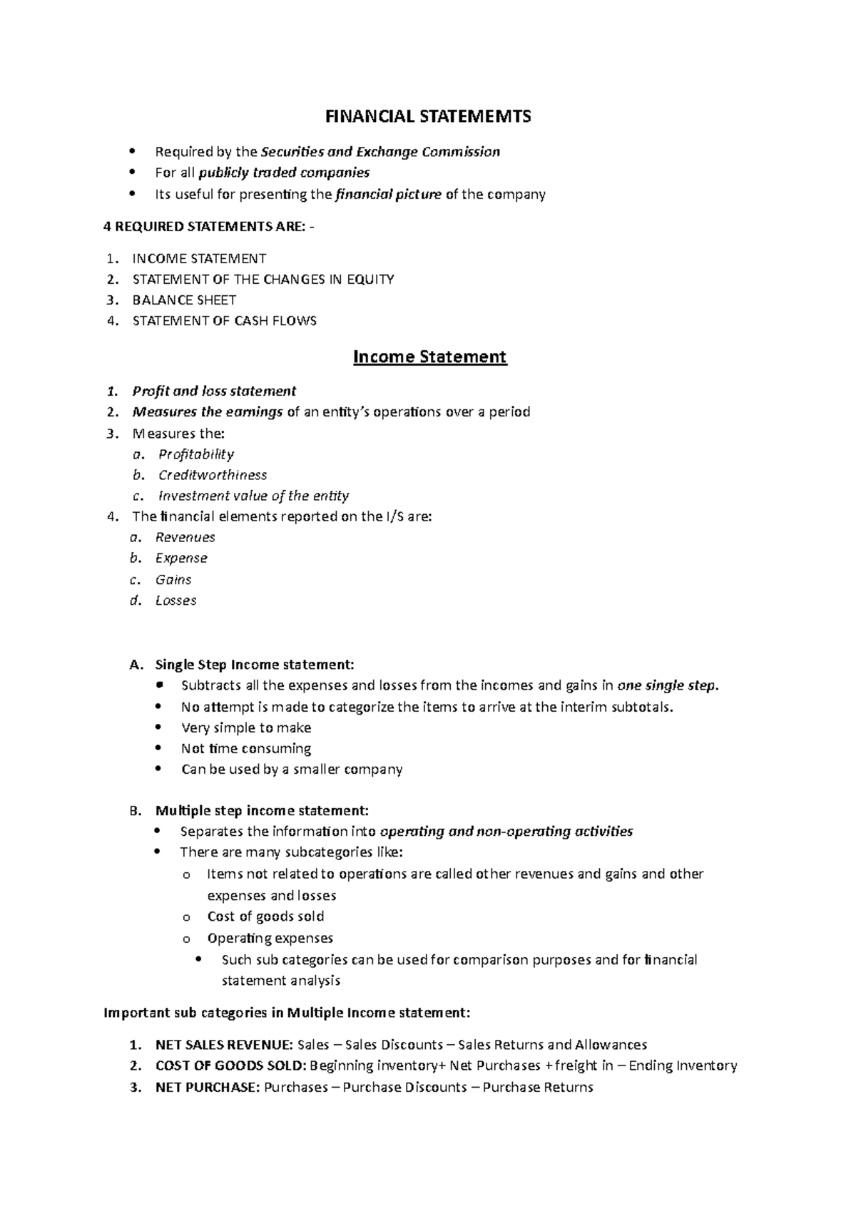 Financial Statements - Its the summary for the first chapter in the CMA ...