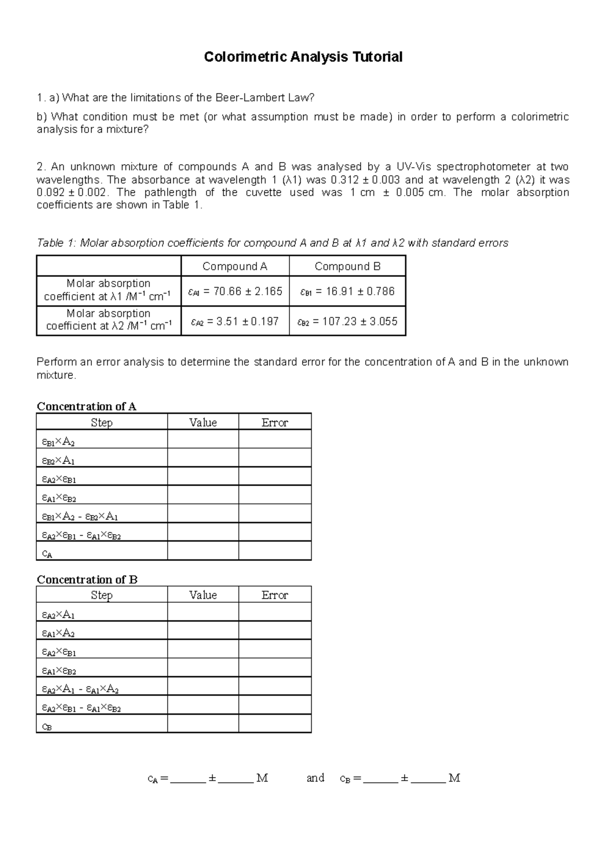 Colorimetric Analysis Tutorial Final Colorimetric Analysis Tutorial 1. a) What are the