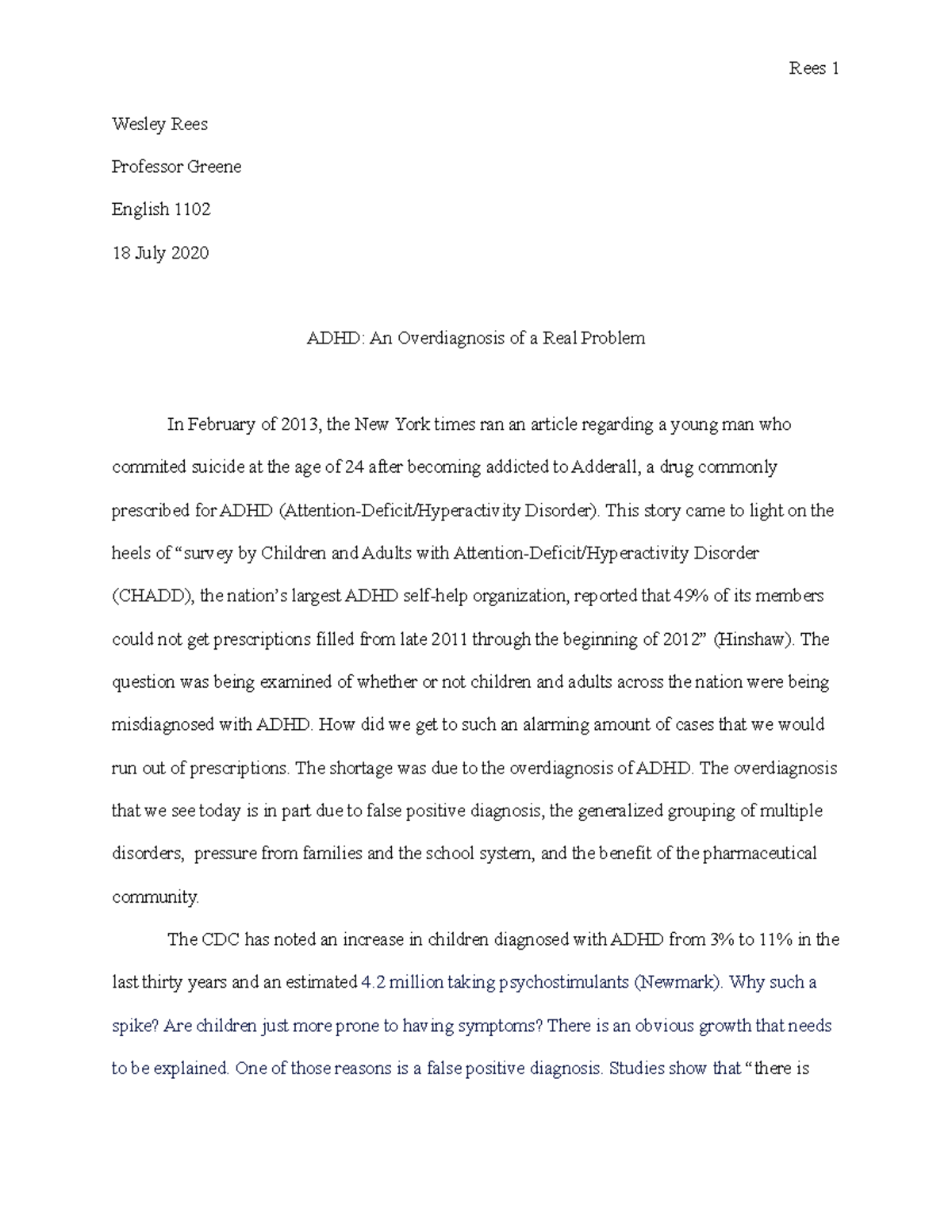 ADHD Overdiagnosed - Literary analysis of an article - Wesley Rees ...