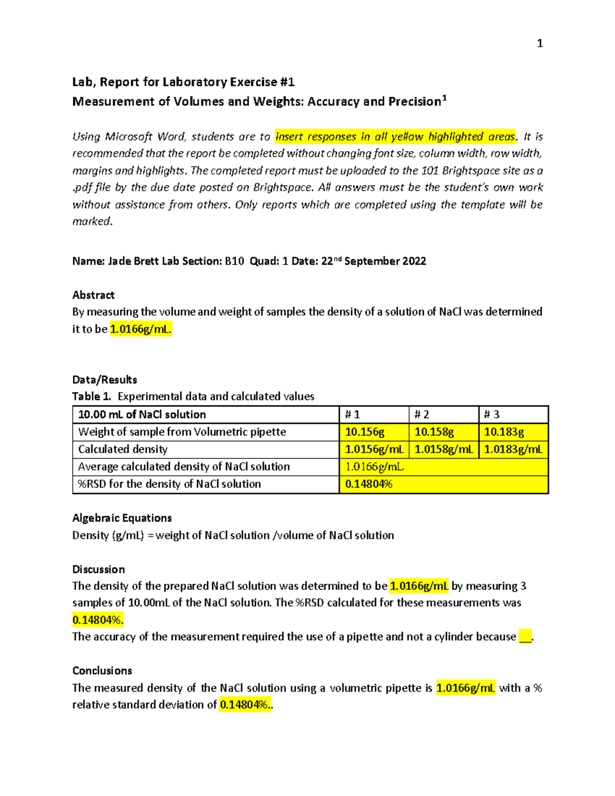101 Ex1 Report Template - 1 Lab, Report for Laboratory Exercise ...