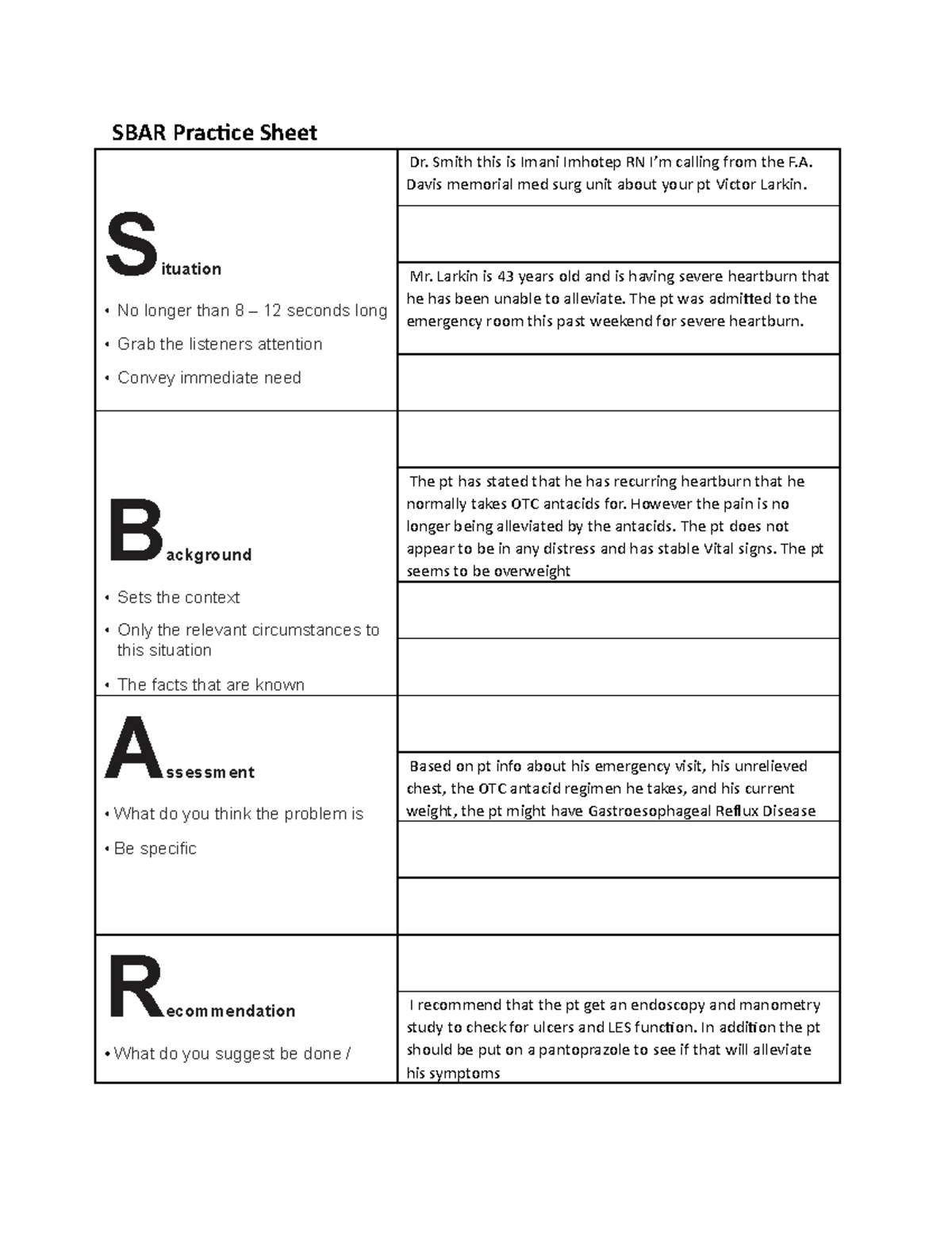 GERD sbar - SBAR - SBAR Practice Sheet Dr. Smith this is Imani Imhotep ...