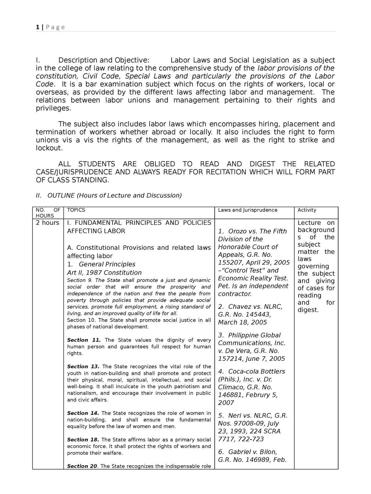 Labor 1 - I. Description And Objective: Labor Laws And Social 