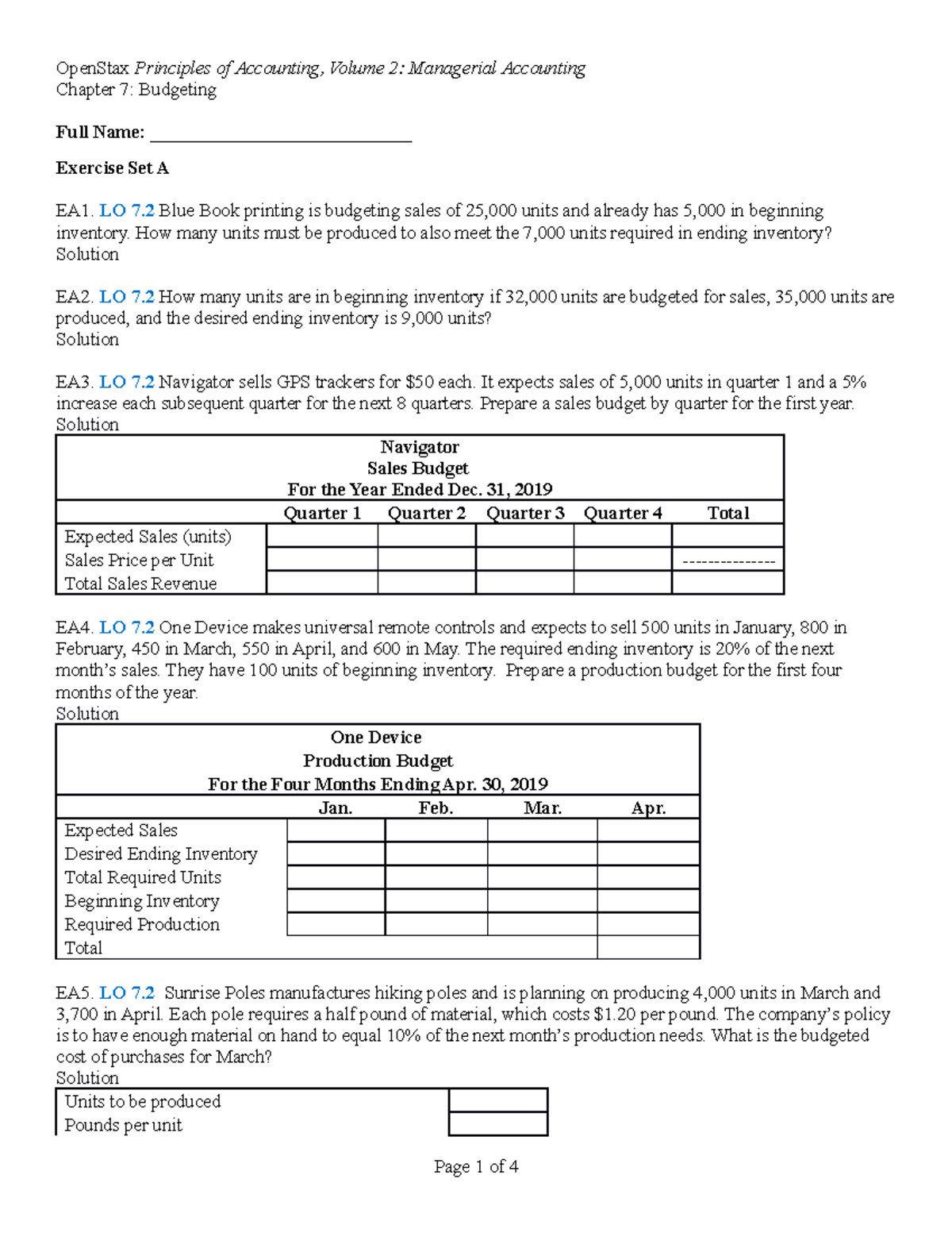 Managerial Accounting Ch07 ES - Chapter 7: Budgeting Full Name