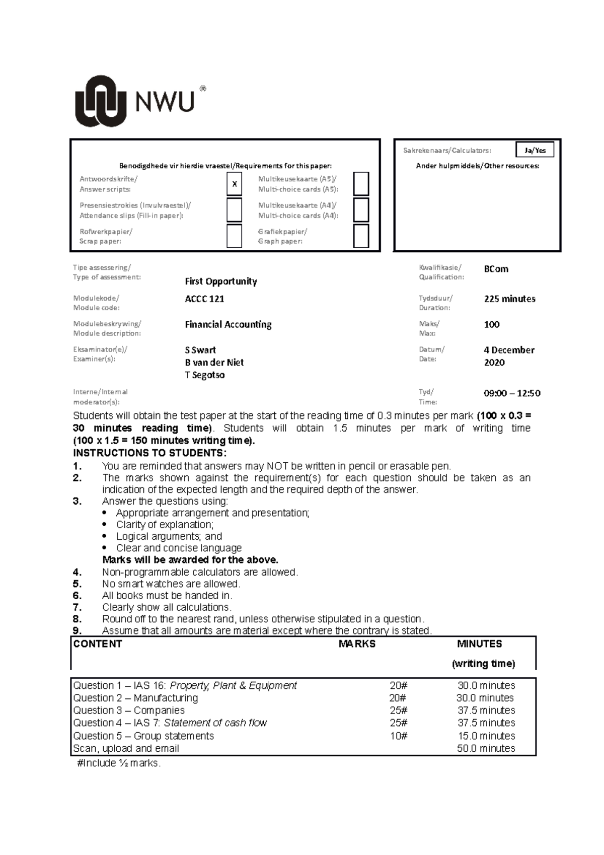 FIRST OPP EXAM FOR 2020 - Sakrekenaars/Calculators: Ja/Yes Benodigdhede ...