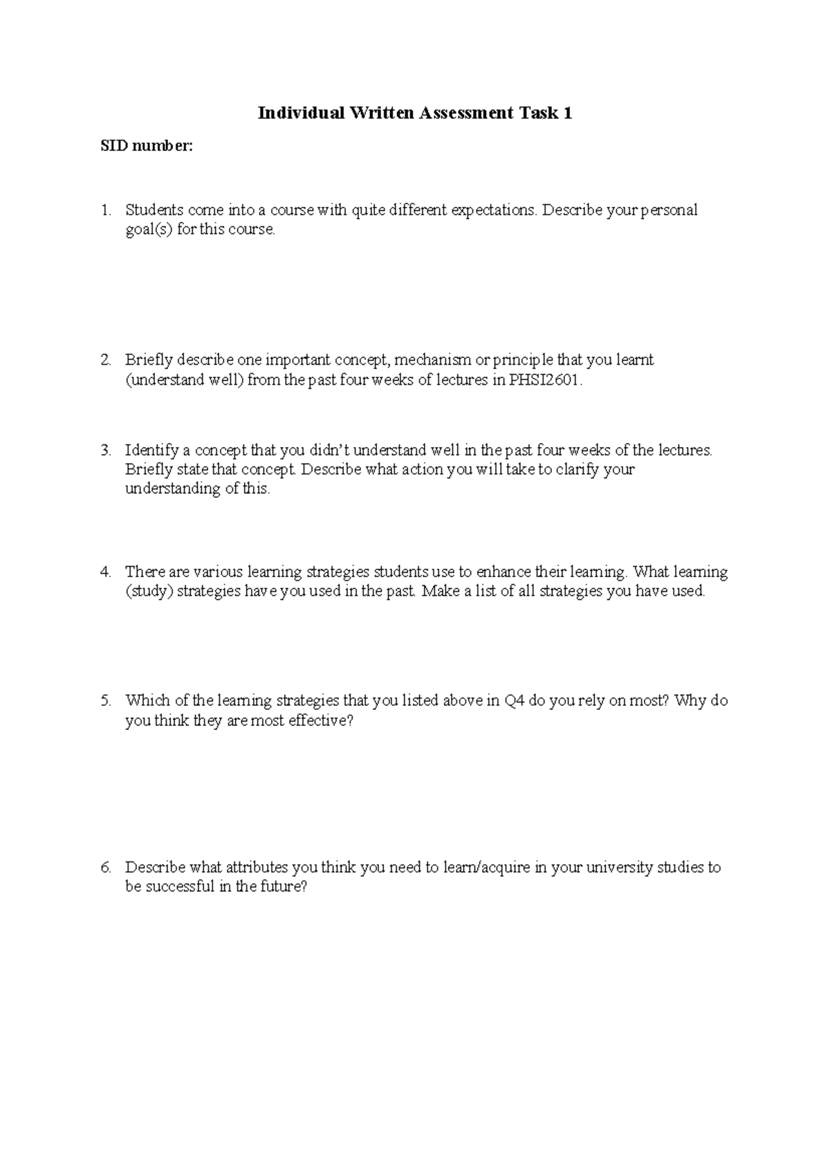 Individual Written Assessment Task 1 - Describe your personal goal(s ...