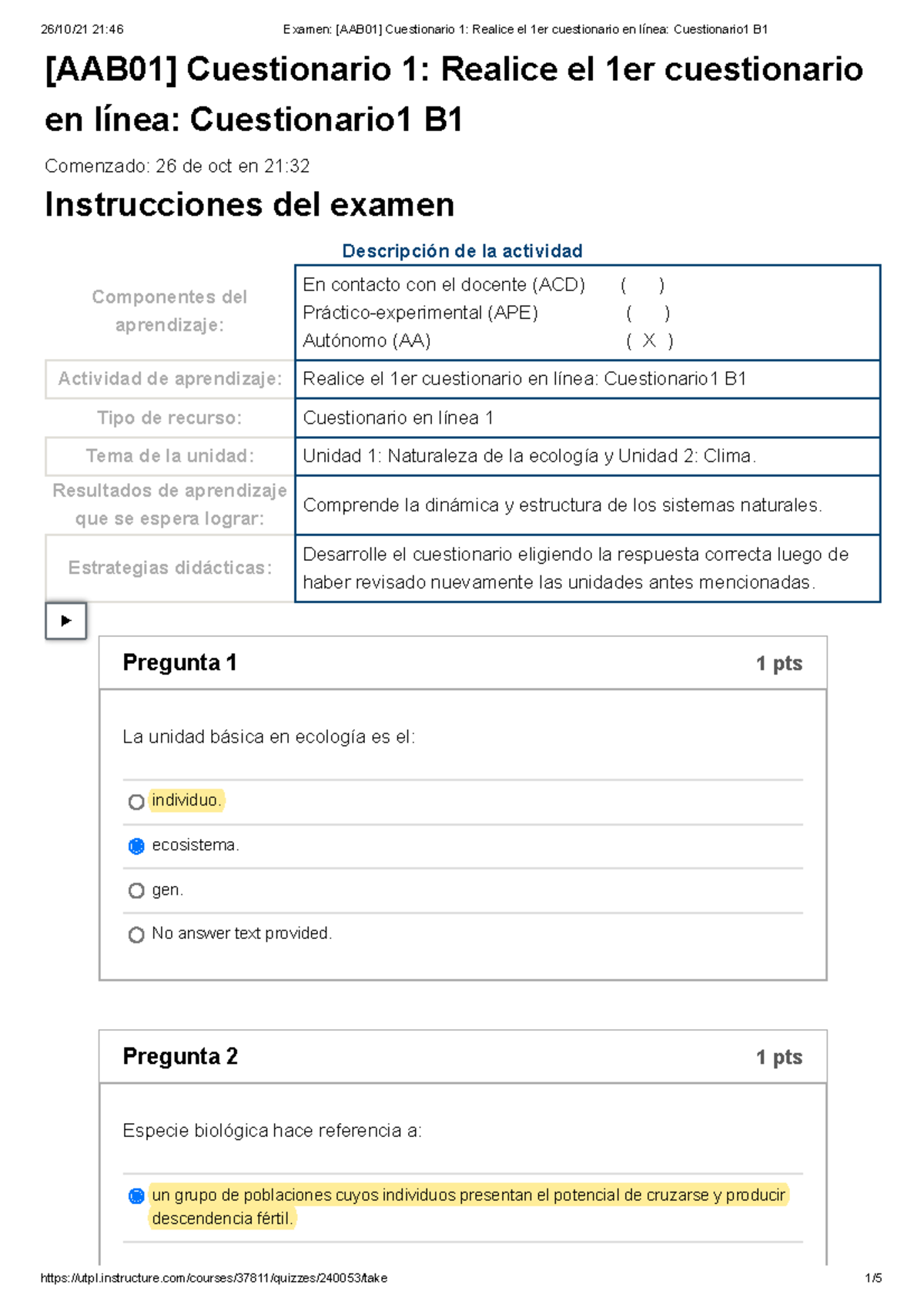 Examen [AAB01] Cuestionario 1 Realice El 1er Cuestionario En Línea ...