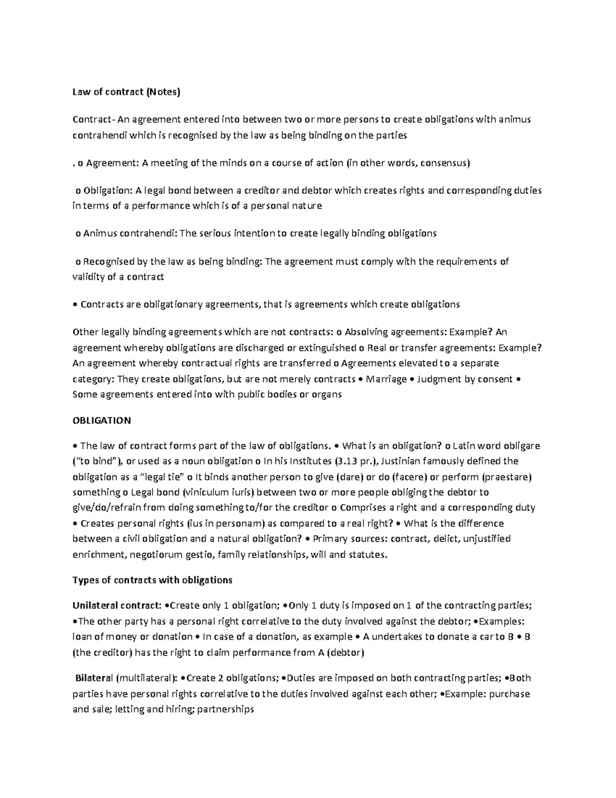 Law of contract notes - Law of contract (Notes) Contract- An agreement ...