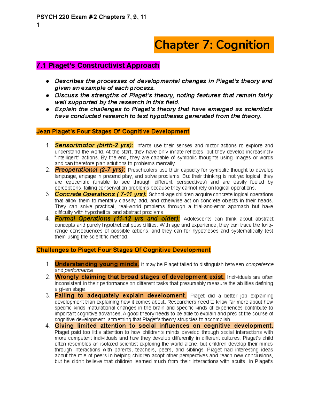 Psych 220 Exam # 2 - Lecture notes 7,9, 11 - PSYCH 220 Exam # 2 ...