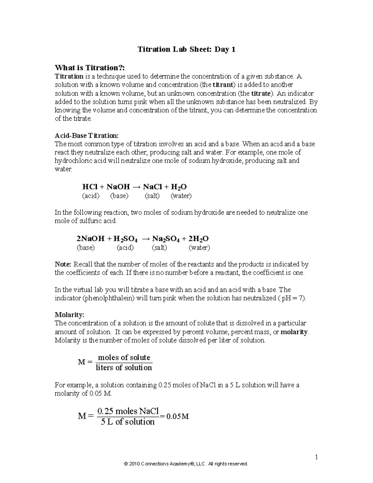 Titration Lab Sheet Day 1 1 Titration Lab Sheet Day 1 What is