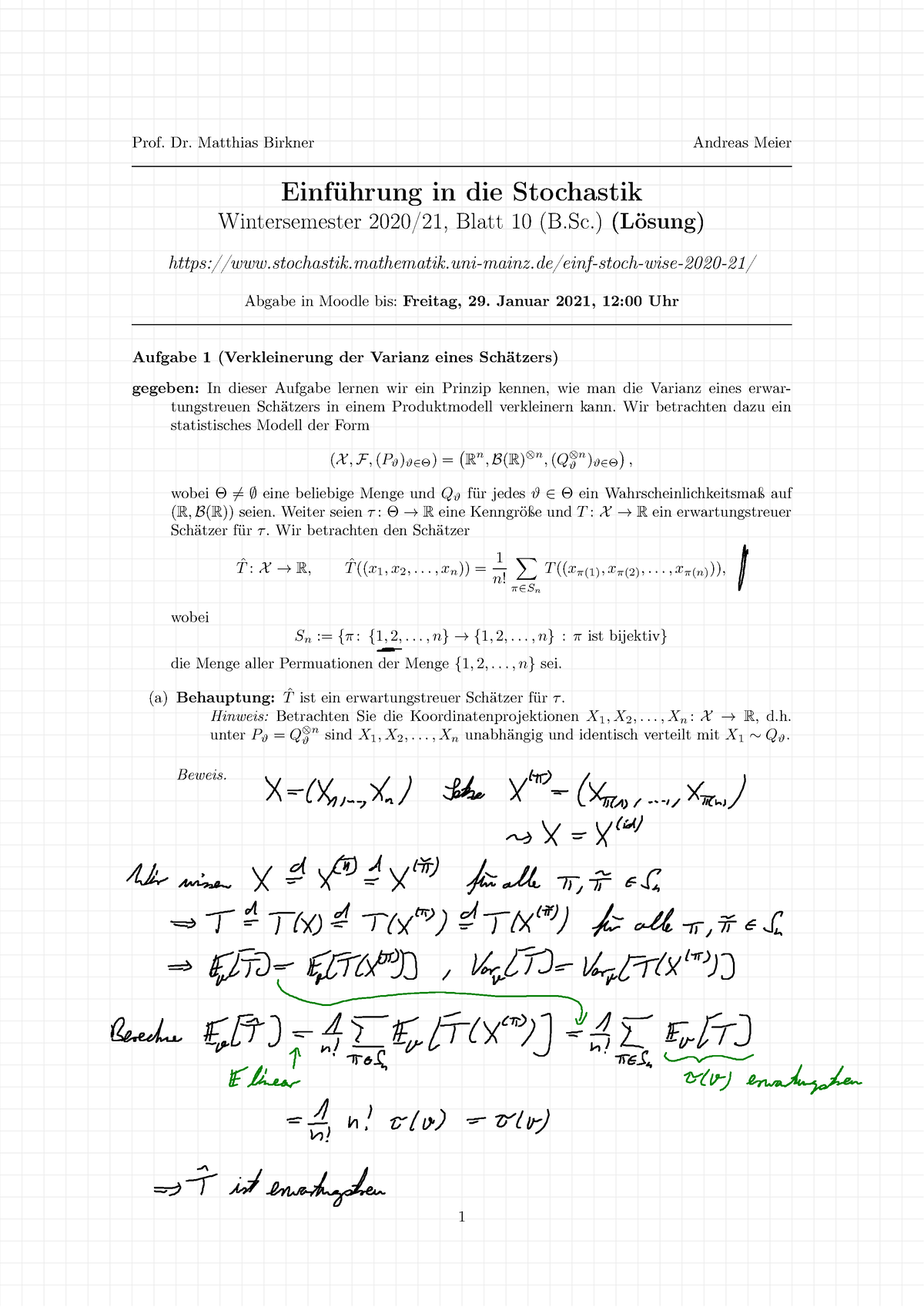 Blatt 10 BSc Loesung Voll - Prof. Dr. Matthias Birkner Andreas Meier ...