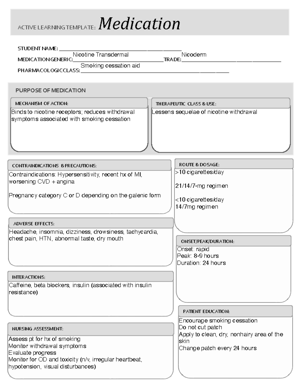 Nico Derm Patch Medication Card STUDENT NAME