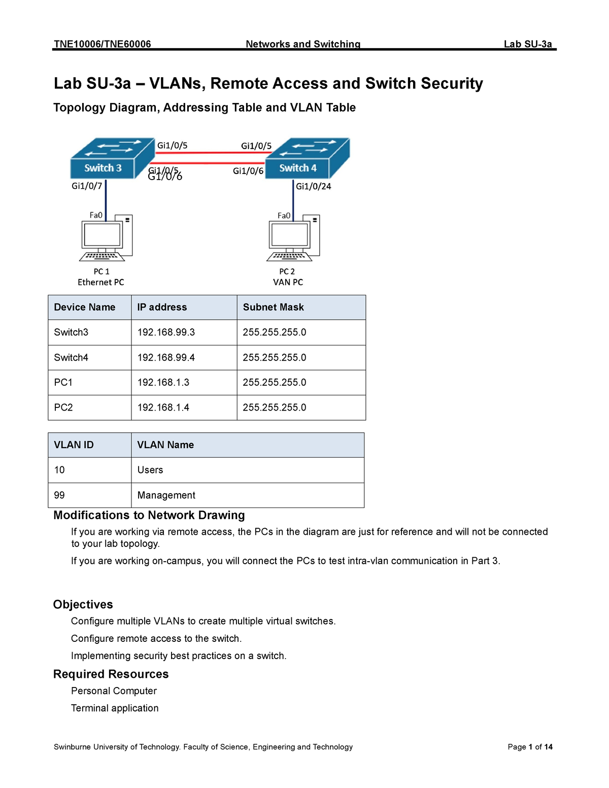 Lab SU-3a - lab work - Lab SU-3a – VLANs, Remote Access and Switch ...