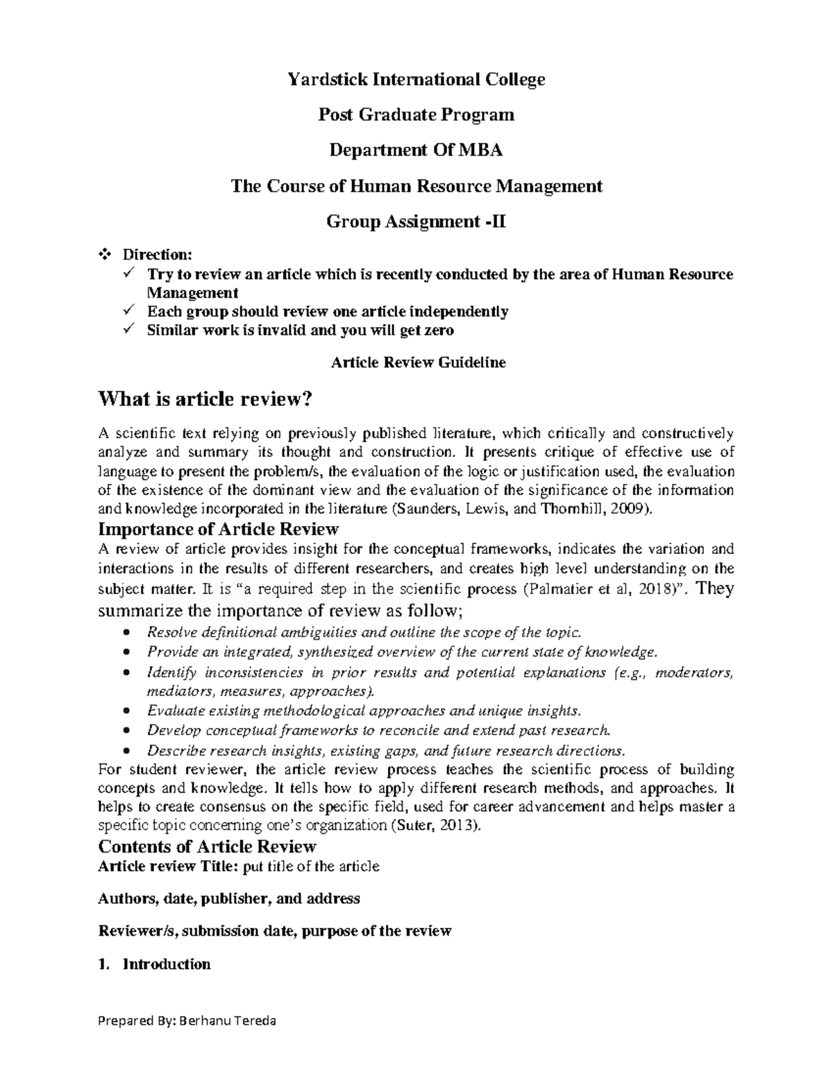 Article Review Guideline - Prepared By: Berhanu Tereda Yardstick ...