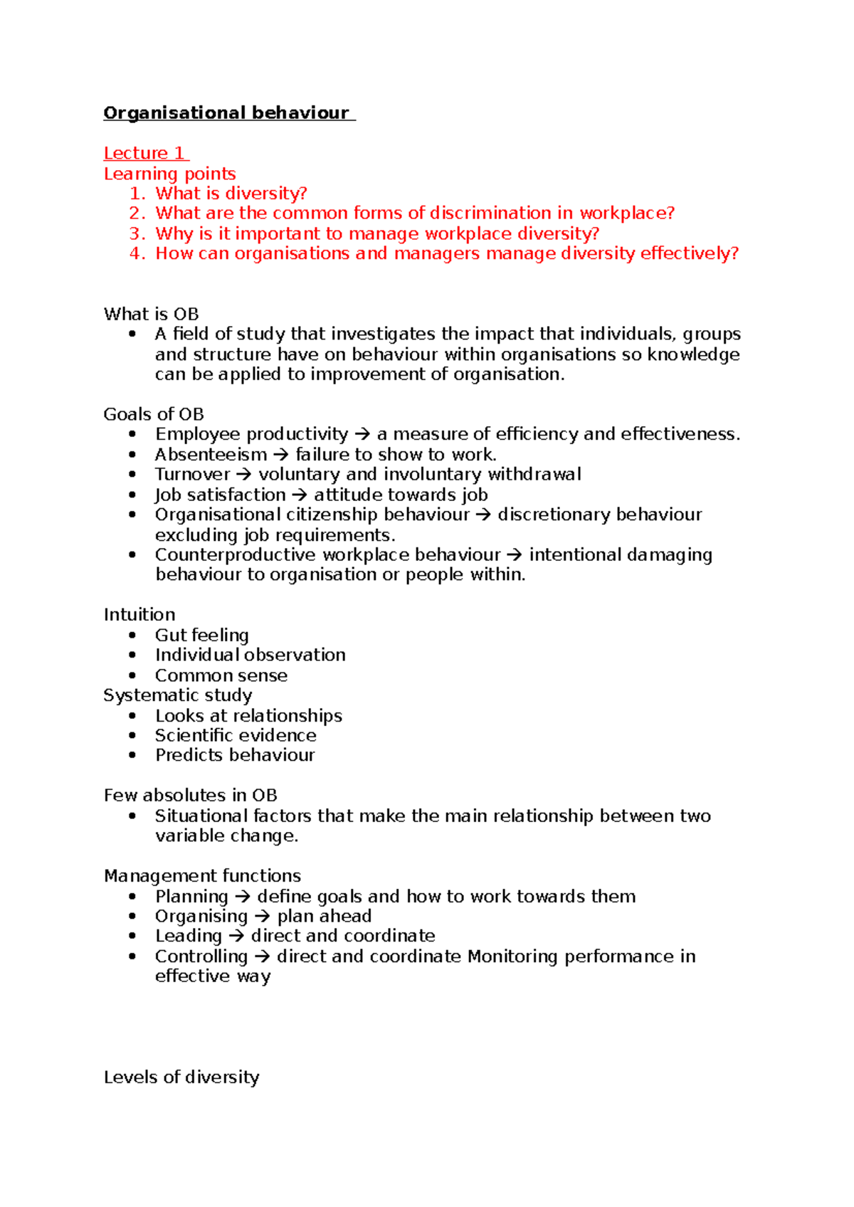 OB lectures - Organisational behaviour Lecture 1 Learning points 1 ...