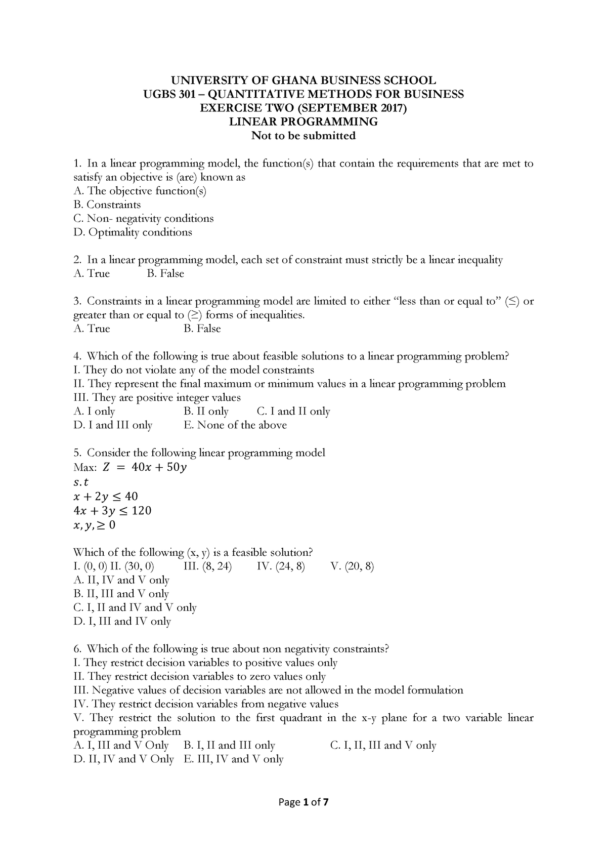 Set 2 - Linear Programming-1 - UNIVERSITY OF GHANA BUSINESS SCHOOL UGBS ...