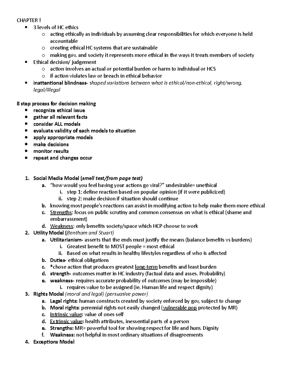 Ethics chapter 1 study guide - CHAPTER! 3 levels of HC ethics o acting ...