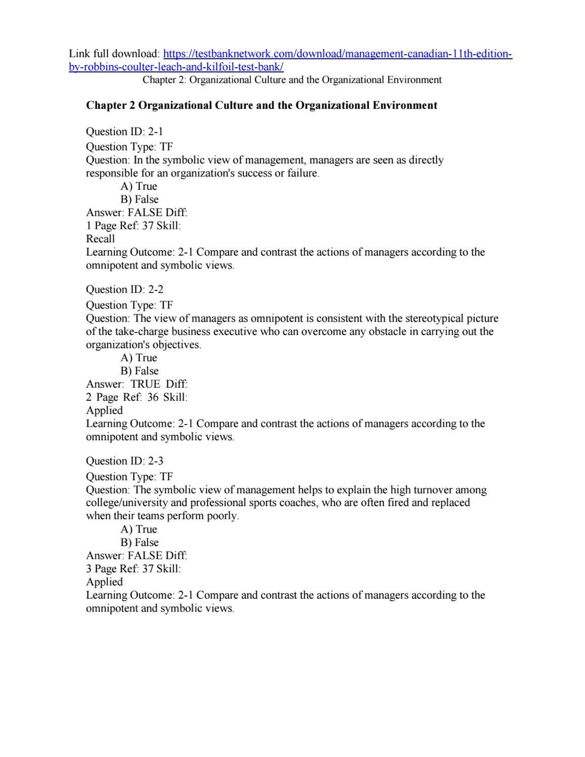 Management Test Bank For Chapter 2 - BUSN 3380 - Douglascollege - Studocu