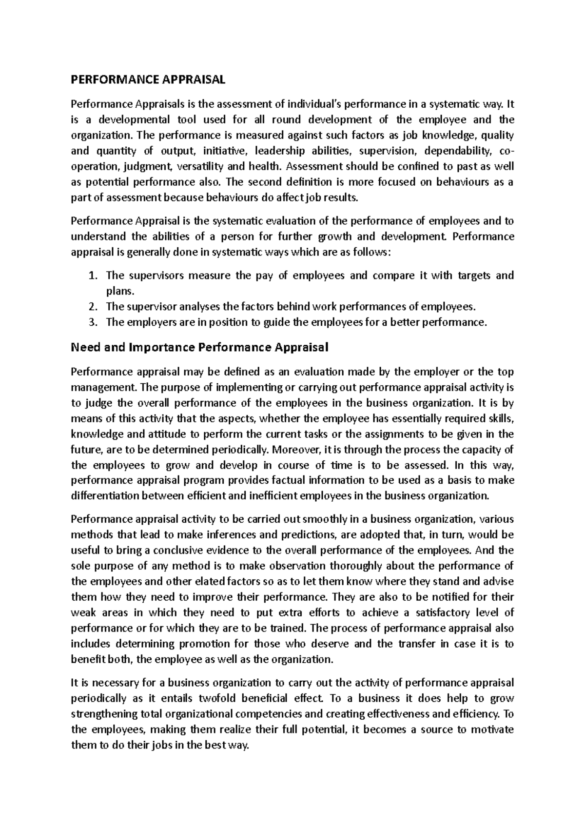 Performance Appraisal - PERFORMANCE APPRAISAL Performance Appraisals is ...