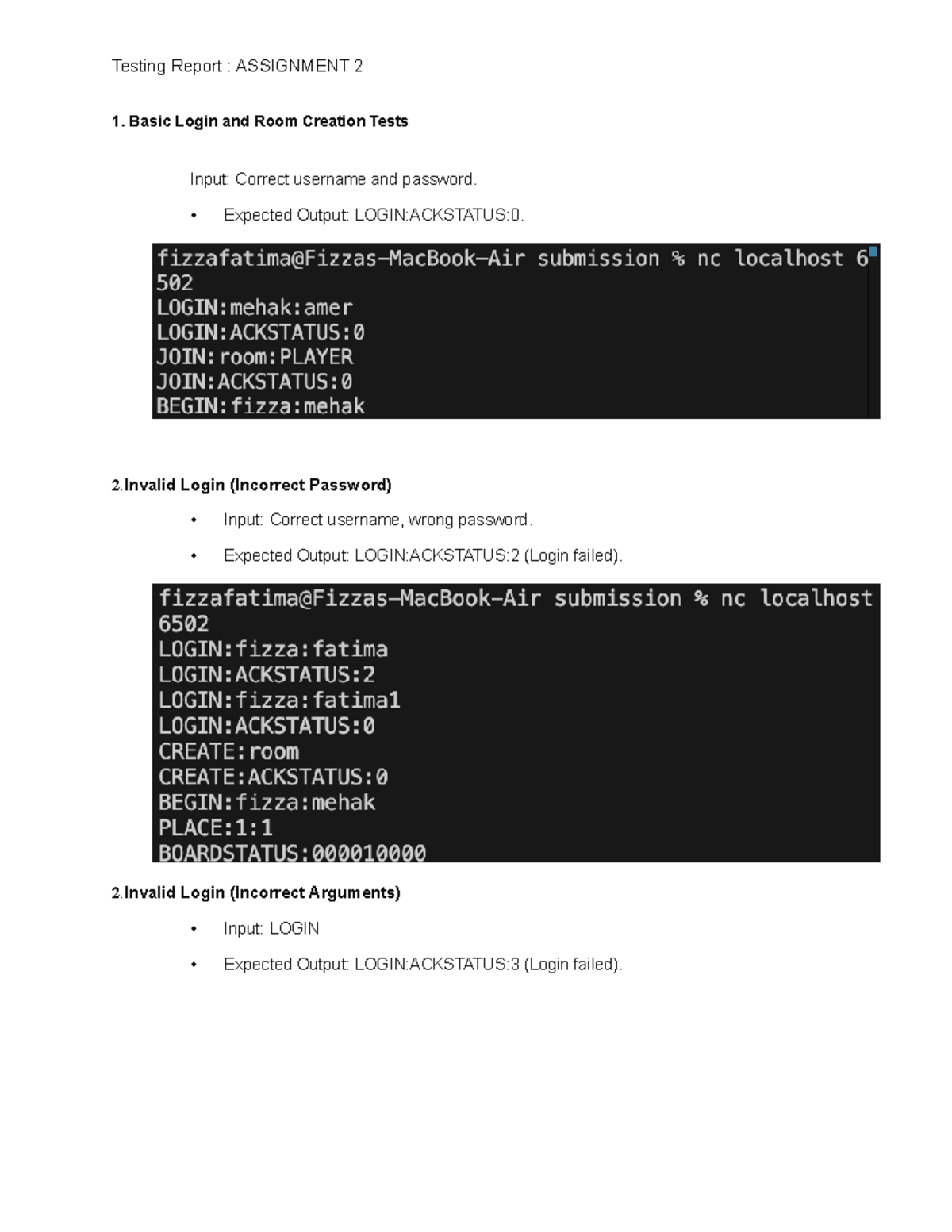 Assignment 2 testing - Basic Login and Room Creation Tests Input ...